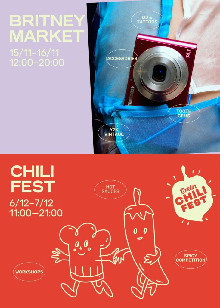 Split poster with information about the britney market on 15& 16/11 on the top and Chili Fest on 6 & 7/12 on the bottom